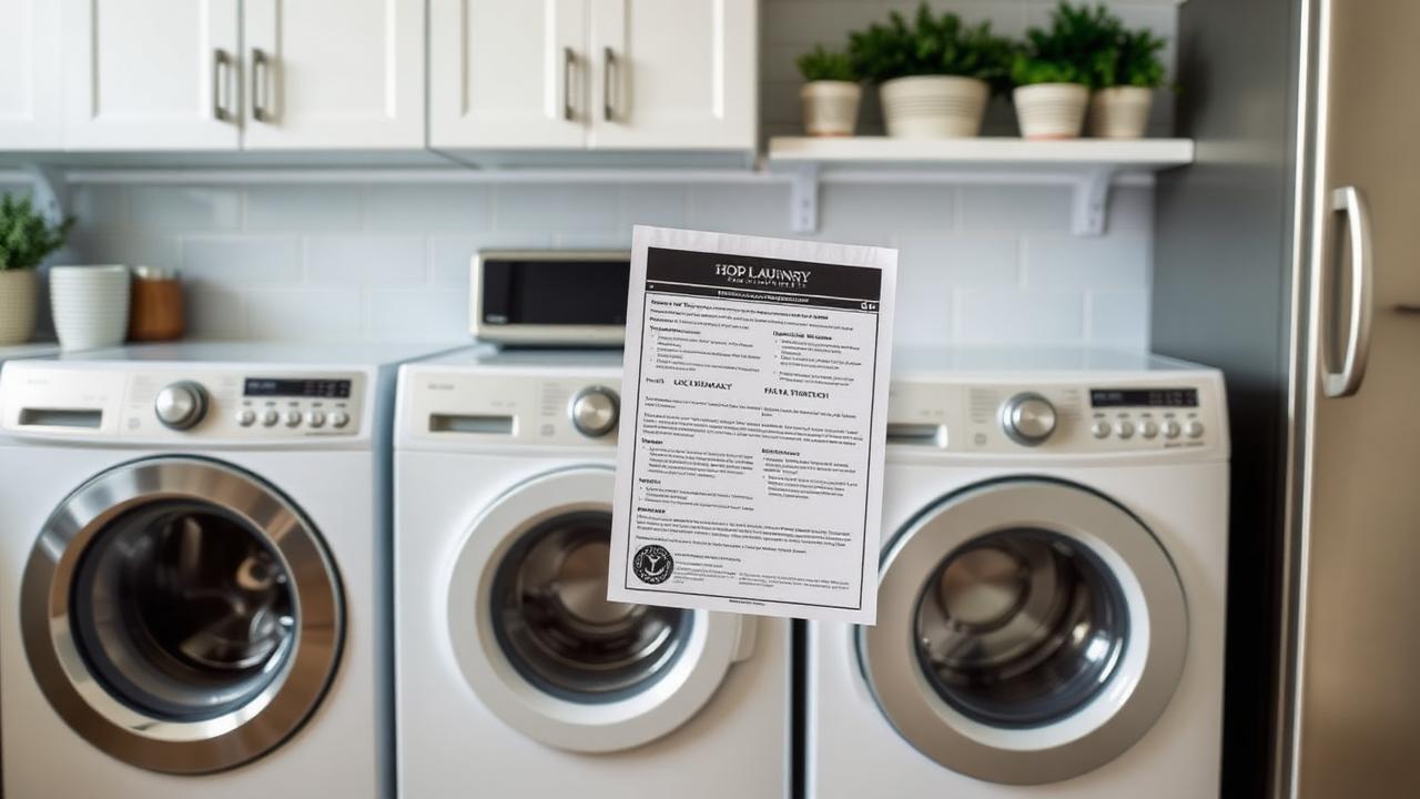 Kitchen and laundry appliances beside a home warranty agreement