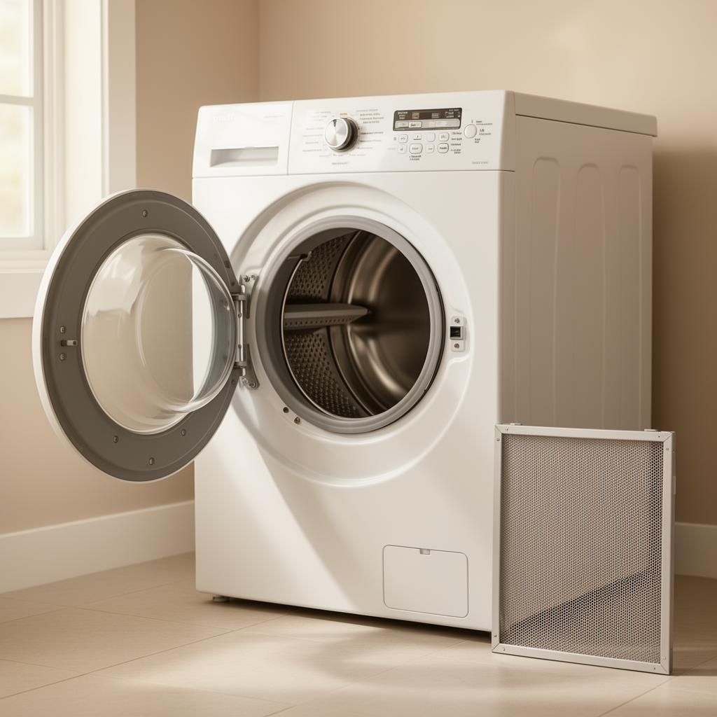 Laundry room dryer with lint screen and exterior vent maintenance reminders