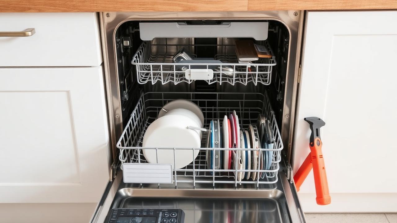Open dishwasher with tools nearby, illustrating a repair versus replacement decision