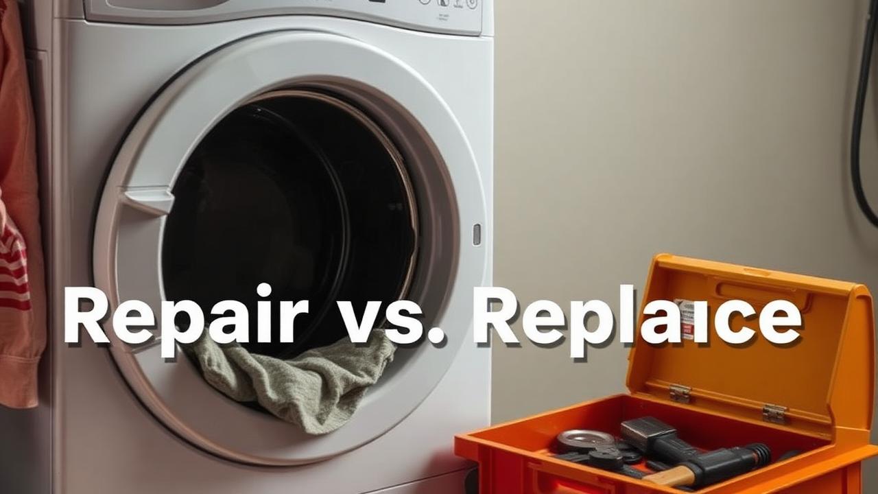 Clothes dryer with the drum open and a toolbox, illustrating repair versus replacement