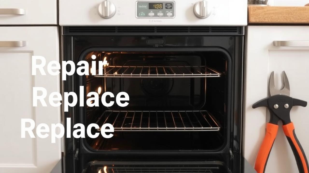 Kitchen oven with the door open and tools nearby, illustrating repair versus replacement
