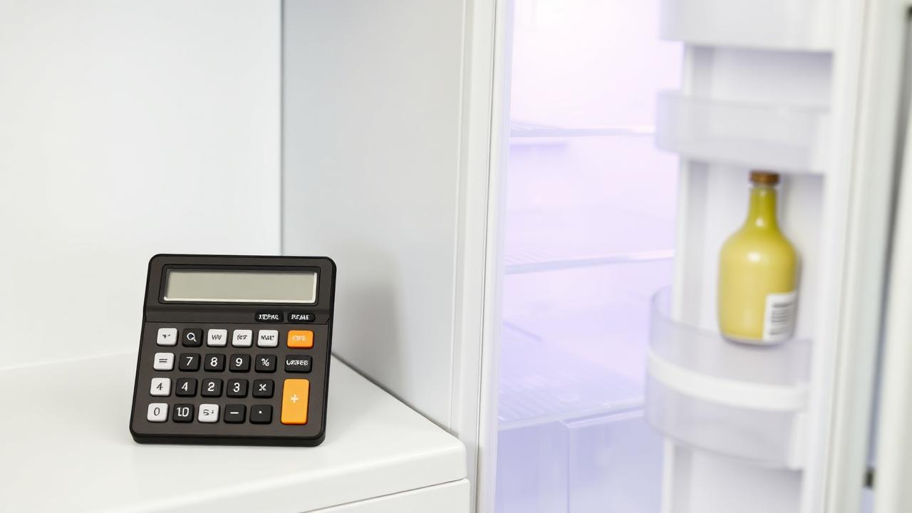 Open refrigerator next to a calculator weighing repair versus replacement costs
