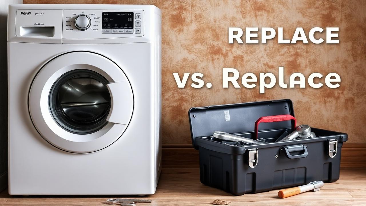 Front-load washing machine with a toolbox, illustrating repair versus replacement