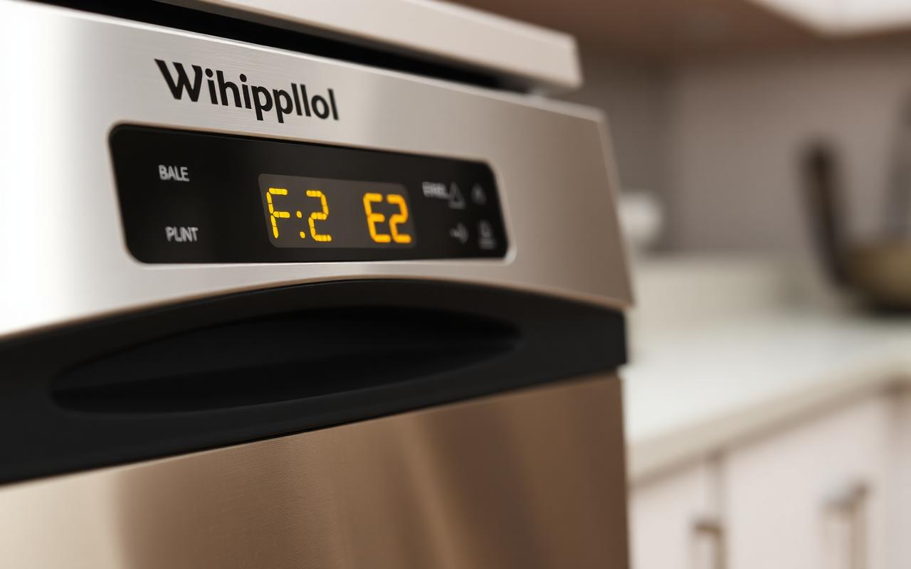 Whirlpool dishwasher control panel showing an F2 E2 error code